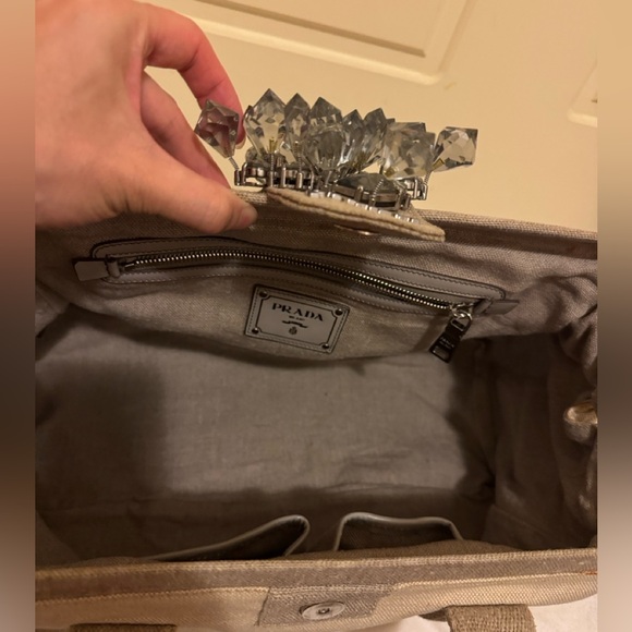 Authentic Vintage PRADA Natural Canvas Crystal Mistolino Frame Bag - Picture 6 of 14